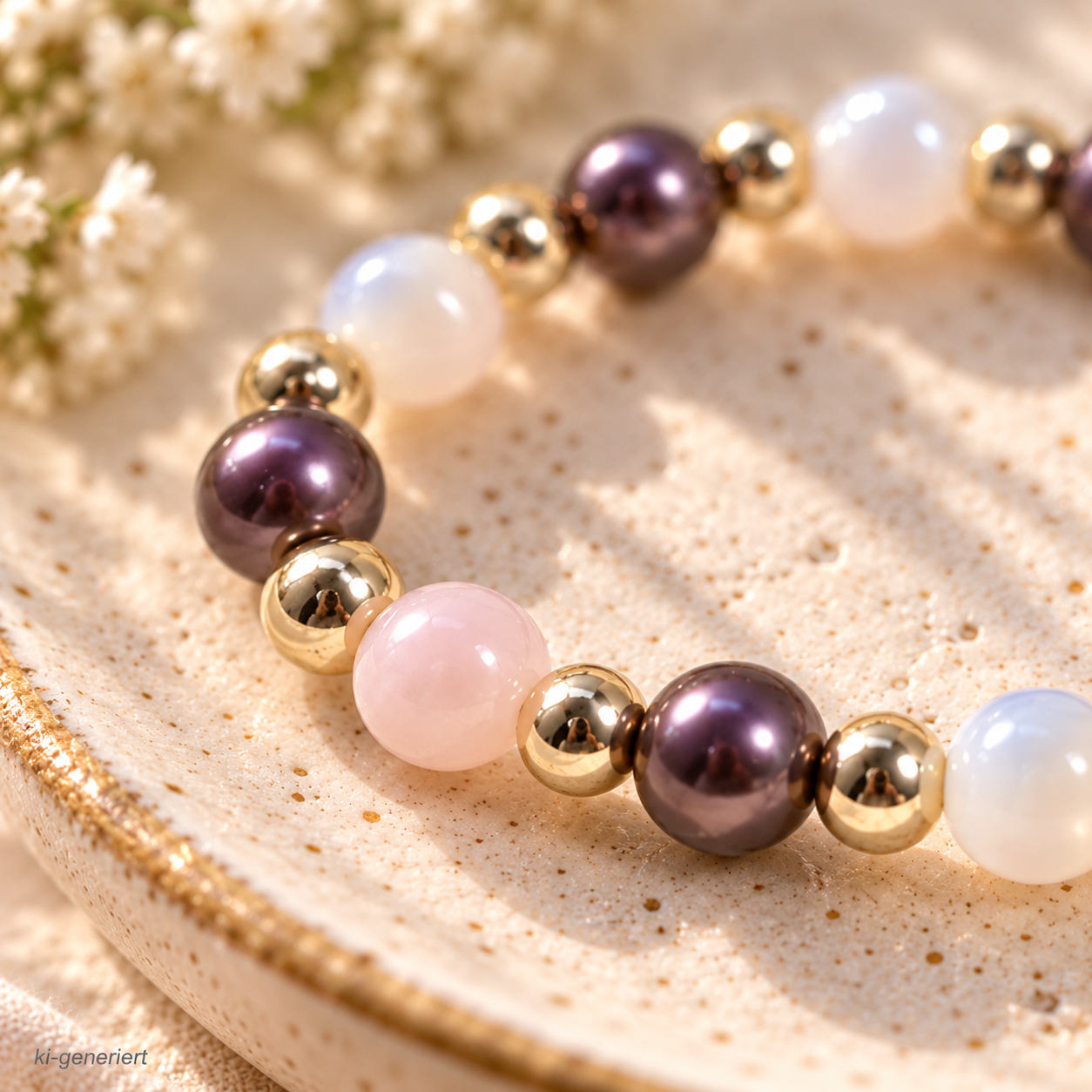 Armband mit rosa, hellen und violetten runden Perlen und goldfarbenen Akzenten auf Travertin
