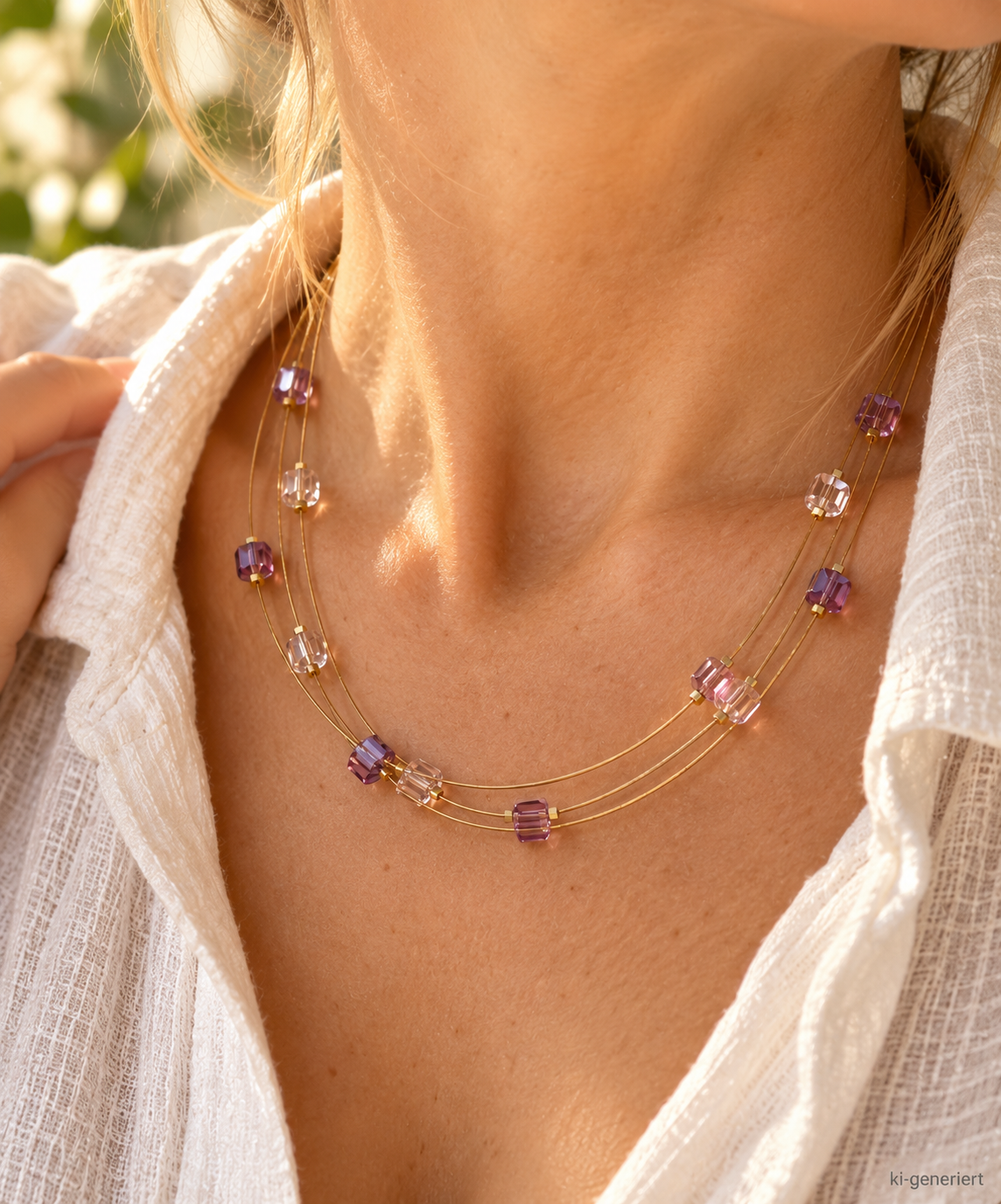 Zarte goldfarbene Kette mit violetten und hellen Perlen am Hals