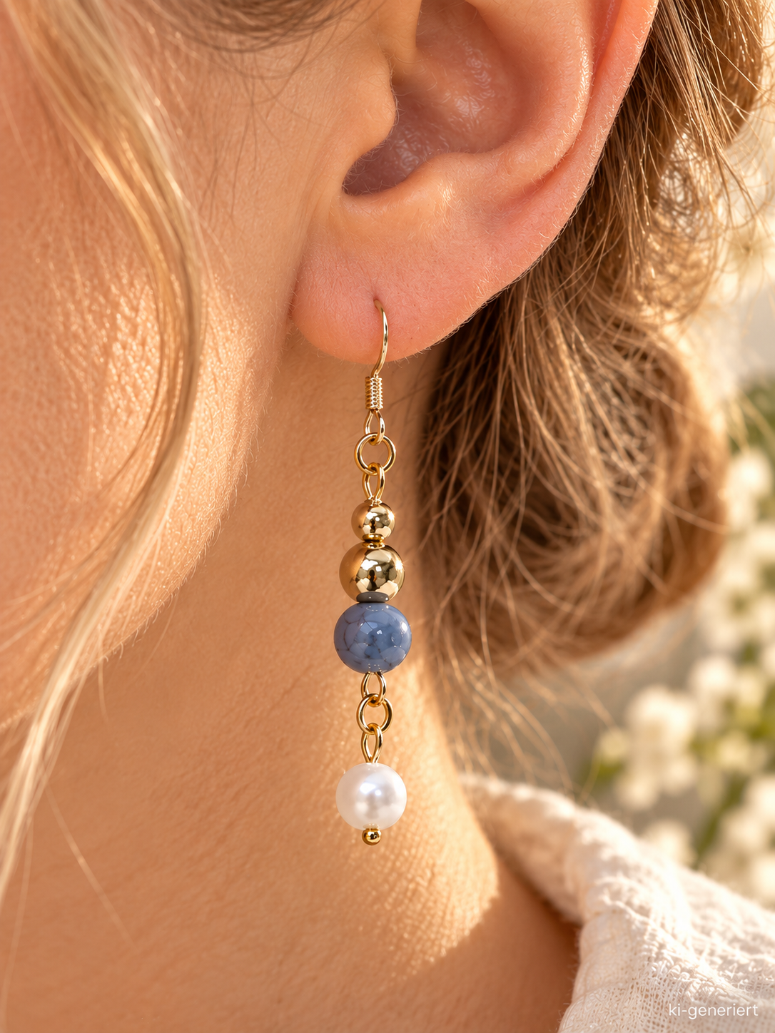 Goldfarbener Ohrring mit blauer und weißer Perle am Ohr