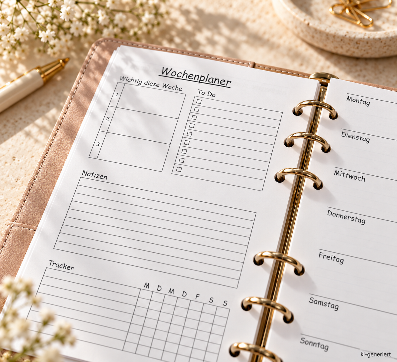 Schlichter Wochenplaner mit To-do-Liste, Notizen und Tracker